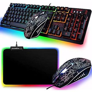 LexonElec Gamingtoetsenbord Muis Combo Bedrade Rainbow Led Backlit 104 Toetsen Gamer Toetsenbord + 2400DPI Pas 4 Knoppen USB Optische Game Muissets voor PC Laptop Computer + 10 linght RGB Mousepad (Zwart 2)