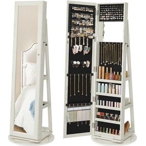 SONGMICS - Sieradenorganizer - Wit met Grijsachtige - Vrijstaande Sieradenkast met Spiegel - 360° Draaibaar