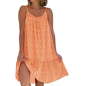 CWXKGL Dames zomerjurk, casual losse mouwloze O-hals strandjurk met spaghettibandjes, maxi-jurk met boho vintage print(Color:Orange,Size:4X-Large)