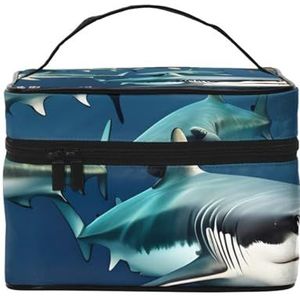 Haaien onder de zee reizen cosmetische tas reizen toilettas cosmetische tas voor mannen en vrouwen, & geschikt voor cosmetische toiletartikelen, Zwart, Eén maat