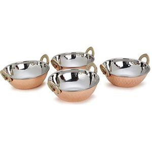 Zap Impex - 4 stuks Indiase koperen serveerschalen van roestvrij staal voor Indiase en currygerechten, Karahi, 15 cm