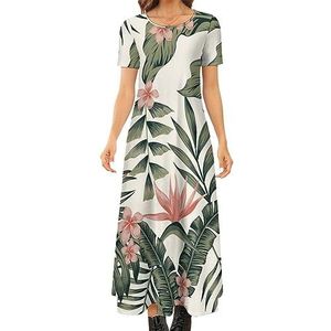 Plumeria bloemen bladeren palmbomen dames zomer casual korte mouw maxi-jurk ronde hals bedrukte lange jurken L