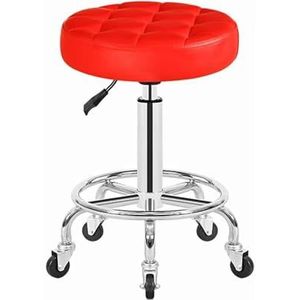 FXLUHAY Draaibare massagesalon kruk met voetsteun, ronde rollende kruk beauty spa stoel, in hoogte verstelbare pu-lederen barkruk voor kappers, manicure, tatoeage, kapper, haardr(rood)