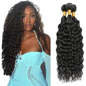 Salharer Water Wave Human Hair Bundles 3 Extension 50g/Per Machine Double Wefts Unprocessed Remy Weave Natural Black Color for Woman 24 26 28 Inch