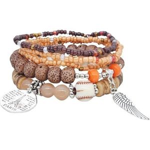 Kleurrijke Boheemse etnische stijl armband for dames Meerlaagse elastische rijstkralen (Color : Color three brown)