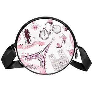 Messenger Bag Roze Paris Eiffeltoren Valentijnsdag Crossbody Tas voor Vrouwen Rond, Meerkleurig, 6.7x6.7x2.3 in, Sling Rugzakken