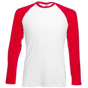 Fruit of the Loom Heren Baseball Longsleeve T-shirt met lange mouwen (verpakking van 3), wit/rood, L