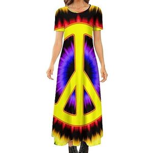 Tie Dye Peace Sign vrouwen zomer casual korte mouw maxi-jurk ronde hals bedrukte lange jurken L