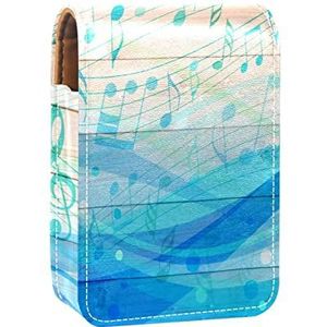 Make-up Lipstick Case voor Buiten Houten Board Muziek Opmerking Blauw Draagbare Lippenstift Organizer met Spiegel Dames Mini Make-up Tas Neemt Tot 3 Lippenstift