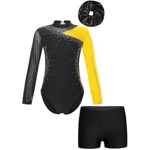 NUOYIXUAN Gymnastiekpak voor meisjes, schaatspak met lange mouwen met kleurblokken, tutu voor kinderen, balletpak met shorts (geel, 12)