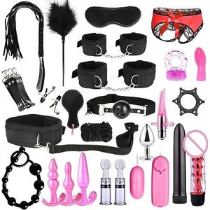 28 Pieces Kit | SM Bondage Sets | Restraint Kits for Women and Couples | Bed Restraints Sex Toys | BDSM Adult Games | Cuffs Nipple Clamps Blindfold Spanking Paddle (Option 2, Black)