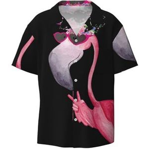 OdDdot Hello Bril Flamingo Print Heren Button Down Shirt Korte Mouw Casual Shirt voor Mannen Zomer Business Casual Jurk Shirt, Zwart, XXL