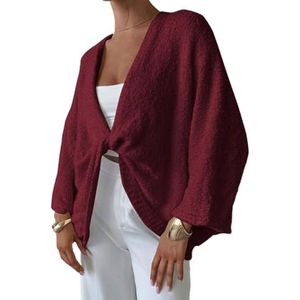 Cropped Wikkeltrui for Dames, Oversized Vleermuismouwentrui Met Gedraaide Voorkant en Gebreide Top Met V-hals(Wine red,S)