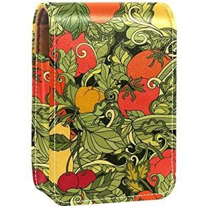Draagbare Lipstick Case voor op reis, Mini Lipstick Opbergdoos met spiegel voor dames dames, Lederen cosmetische etui bladeren groenten fruit rode kersentomaat, Meerkleurig, 9.5x2x7 cm/3.7x0.8x2.7 in