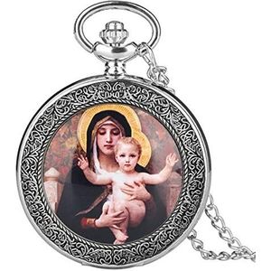 Maagd Maria en Jezus quartz zakhorloge hanger voor vrouwen meisjes dame sieraden ketting ketting horloge geschenken, zilver