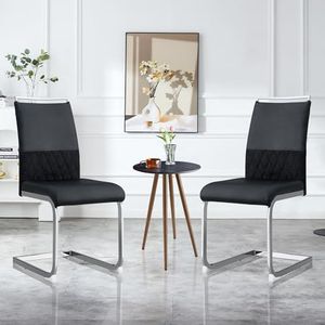 Aunvla Moderne eetkamerstoelen, set van 2, rugleuning van PU-kunstleer en linnen, hoge rug beklede zijstoel, dwarsstrepen rugleuning design voor eetkamer, keuken, gast bureaustoel, zwart