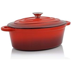 BBQ-Toro Gietijzeren cocotte, 4,3 liter, rood, ovaal, geëmailleerde gietijzeren braadpan met deksel, gietijzeren pan, geschikt voor inductie