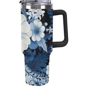 40 oz beker met handvat blauw en wit bloemenpatroon roestvrijstalen koffiemok herbruikbare reismok lekvrije geïsoleerde autobeker grote capaciteit beker voor reizen, buiten, thuisgebruik (zwart)