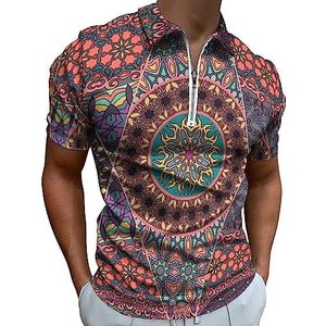 Kleurrijke Bloemen En Mandala Polo Shirt voor Mannen Casual Rits Kraag T-shirts Golf Tops Slim Fit