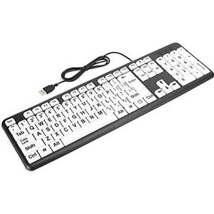 Grootlettertoetsenbord met witte toetsen en zwarte letters, bedrade USB-toetsenborden, 104 toetsen Full-size computertoetsenborden voor slechtziende ouderen(Zwart)
