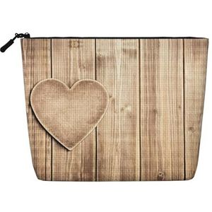 Houten hart afdrukken make-up tas voor vrouwen, draagbare cosmetische tas toilettas, ruime reismake-up organizer, Zwart, Eén maat