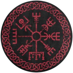 Viking Modern Rond Tapijt voor Woonkamer Slaapkamer, Noorse Mythologie Runen-symbool Print Tapijt, Zacht Gezellig Flanel Vloerkleed Antislip Wasbaar(Color:Red Vegvisir,Size:180 x 180CM)