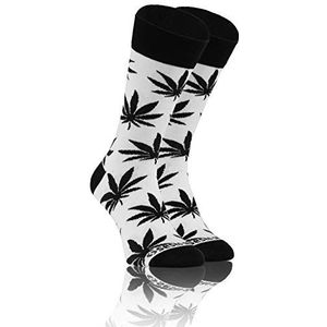Sesto Senso Kleurrijke Hoge Sokken Grappige Katoen Dames Heren Funny Socks 43-46 Leaf White Black Zwart Marihuanablad Wit