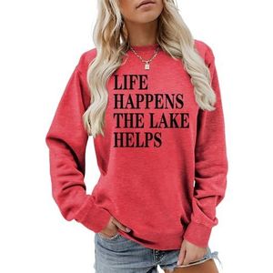 MLZHAN Life Happens The Lake helpt afdrukken vrouwen sweatshirt lange mouw mode sweatshirts ademende losse pasvorm truien, Rood, S