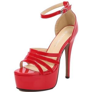 Sexy waterdichte plateauzool en dunne hak sandalen met hoge hakken voor podiumshows en nachtclubs stijlvolle Romeinse lakleer-sandalen met hoge hakken, rood, 37 EU