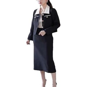 Dames kantoor rok pakken vrouwen lange mouw enkele rij knopen korte blazers + A-lijn rok 2-delige set, Zwart, XL