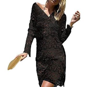 JFAN Damesjurk, sexy, zomerjurk, strandjurk, kant, rugvrij, lange jurk, tropisch, gehaakt, bikini, cover-up, Zwart, One Size