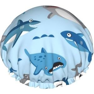 Cartoon Shark Print Douchemutsen Elastische Herbruikbare Waterdichte Badmutsen Dubbellaags Haar Cap Voor Vrouwen Mannen