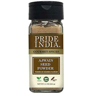 Pride Of India - biologisch Ajwain-poeder 2.1oz (59.5gm) Kleine dubbele zeefpot - Authentiek Indiaas kruid, gebruikt om voedsel te kruiden, augurken-GMO-vrij, veganistisch, glutenvrij