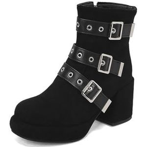 LeaHy Dames Chunky Heeled Platform Ankle Boots Schoenen Gothic Punk gesp ritsen Enkel Boots,zwart,44 EU