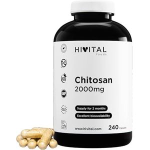 Marine Chitosan 2000 mg. 240 capsules voor 2 maanden behandeling. Natuurlijk Chitosan uit Chitine van Schaaldieren. Natuurlijke vezel. Gefabriceerd in Europa door HIVITAL