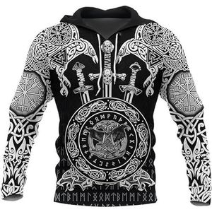 Odin - Nederland | Noorse Mythologie Viking Raven Nordic Thor T-Shirt Heren Viking Totem 3D Print Lange Mouw Hoodies Pullover Sweatshirt (Color : Color, Size : XXL)