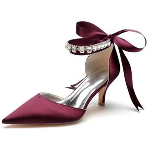EICOFF Bruids Bruiloft Pumps Dames Hoge Hakken Gesloten Teen Satijn Jurk Hof Schoenen met Strass Enkelband Partij Avondschoenen,Burgundy,36 EU