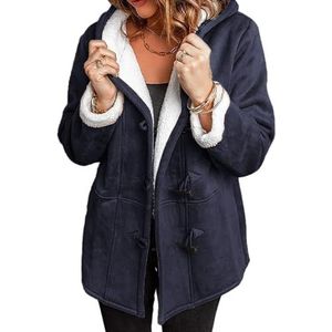 Winterjas for Dames Met Capuchon, Zachte Imitatiebontjas, Zachte, Warme Herfst- en Winteroutfit(Navy blue,XL)