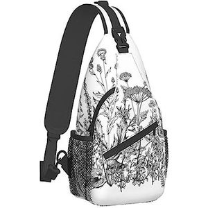 Sling Rugzak Borst Tas Olifant Art op Hout Anti Diefstal Crossbody Schoudertas Dagrugzak Outdoor Sport Reizen Wandelen voor Mannen Vrouwen, Zwarte en witte bloemen, Cross chest bag diagonally