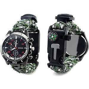 7 in 1 Survival Armband Horloge, buitenshuis Waterdichte Survival Tactische Militaire Digitale Horloge met Paracord, Kompas, Thermometer, Fluitje, Vuurtje Brand Starter, Schraper,Green camouflage