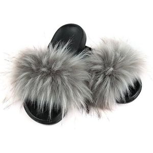 yeeplant Modieuze Vrouwen Harige Zachte Slippers Comfort Sandalen Antislip Faux Fur Eenvoudige Indoor Home Outdoor Meisje Stytle voor, Licht Grijs Zwart 28, one size