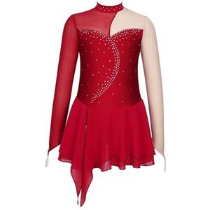 NUOYIXUAN Jurk met lange mouwen, strass steentjes voor meisjes, patchwork-jurk voor ballet, gymnastiek, dans, performance-kleding voor kinderen (rood E, 6)