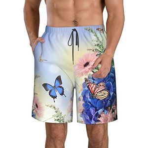 PHTZEZFC Blauwe strandshorts voor heren, vlinder- en bloemenprint, zomervakantie, strandshorts, casual, lichtgewicht trekkoord, Wit, XL