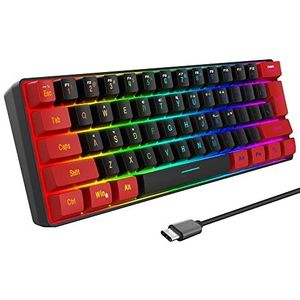 Snpurdiri bedraad gamingtoetsenbord, 60% grootte, true-RGB-mini-gaming-toetsenbord, stil, ergonomisch, waterafstotend, klein toetsenbord voor werk, gaming, kantoor, rood-zwart (QWERTY-lay-out)