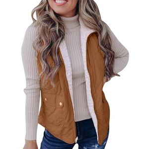 Wintervest Gewatteerd Dames Donsvest, Casual Vest Met Opstaande Kraag, Mouwloos Winterwarm Jack Mouwloos Vest(Brown,XXL)