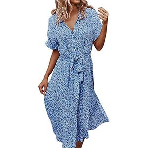 XWANG Zomerjurk voor dames, bloemen, vrijetijdsjurk, knoopsluiting, korte mouwen, V-hals, losse knielange jurk, hoge taille, midi-hemdjurk, strandjurk, polkadots, knoopjurk