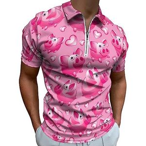 Roze Spaarvarken poloshirt voor mannen casual T-shirts met ritssluiting T-shirts golftops slim fit