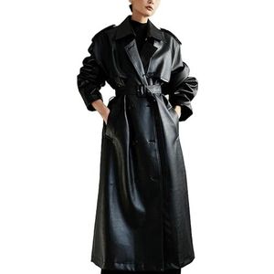 A&M Express Dames zwarte reverskraag kunstleer oversized trenchcoat - vrouwelijke riem dubbele rij knopen jas lange jas, Zwart, XL