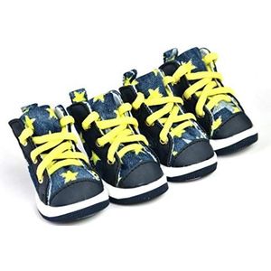 AMURAO 4 Stks Denim Hond Schoenen Anti-slip Outdoor Sportieve Sneakers Booties Leuke Sterren Gedrukt Puppy Schoenen