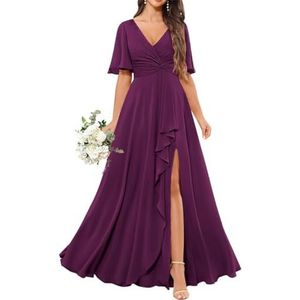 Chiffon bruidsmeisjesjurken voor dames, met spleetplooien, formele avondjurken, grote maten, Pruim, 32